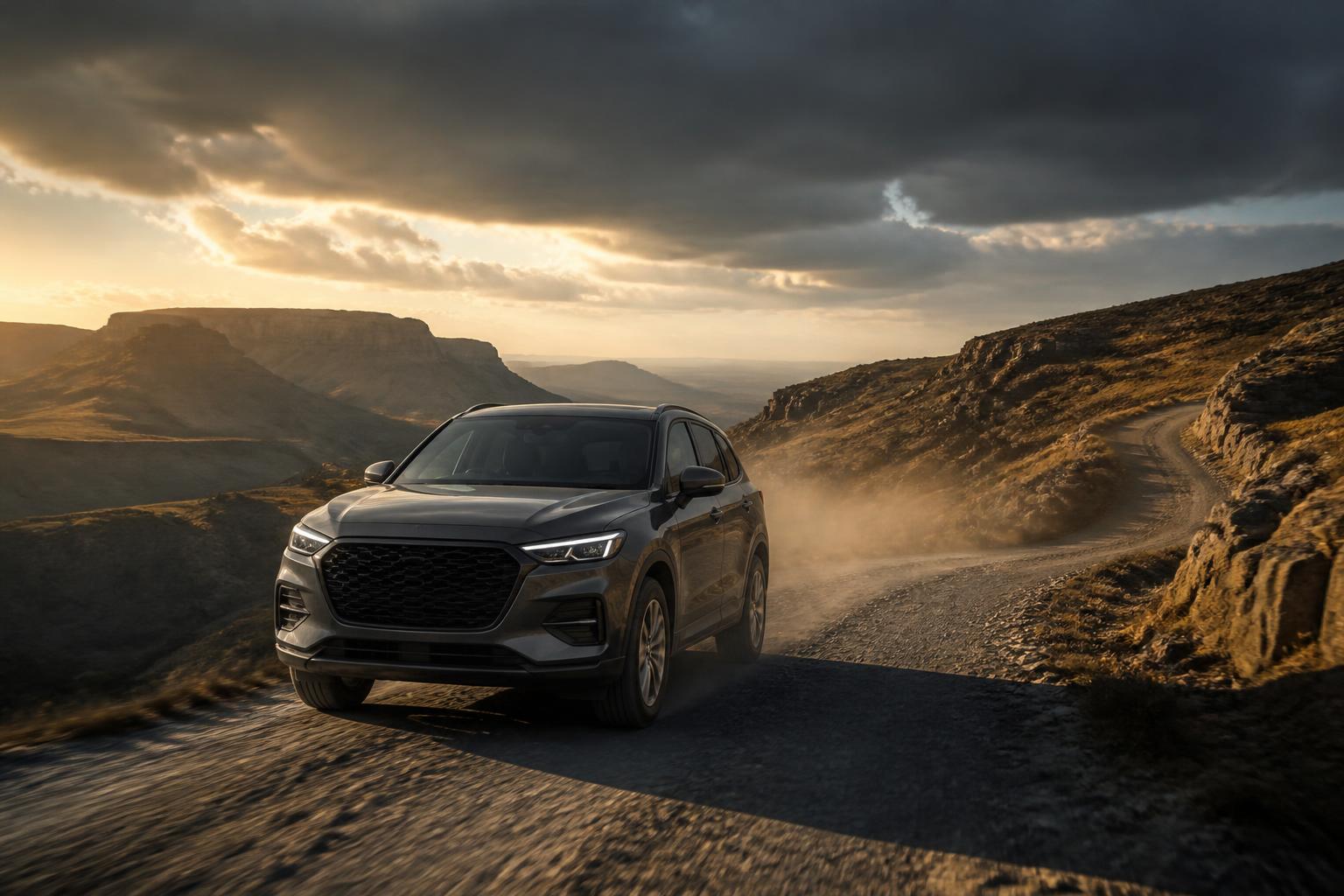 SUV climbing a highland mountain road at golden hour