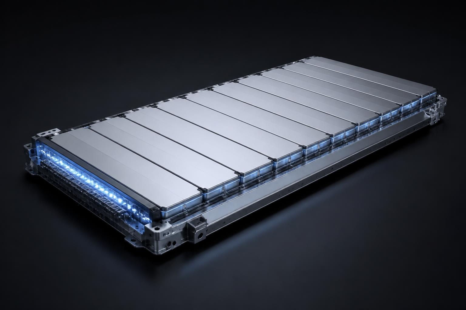 Blade battery pack with long flat cells under cool edge lighting