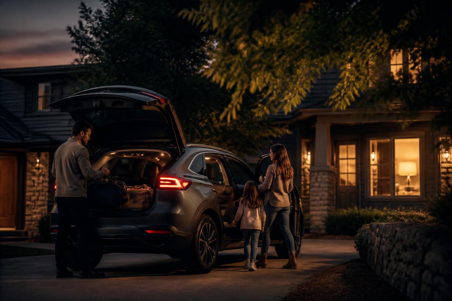 Family loading an electric SUV outside a home at dusk
