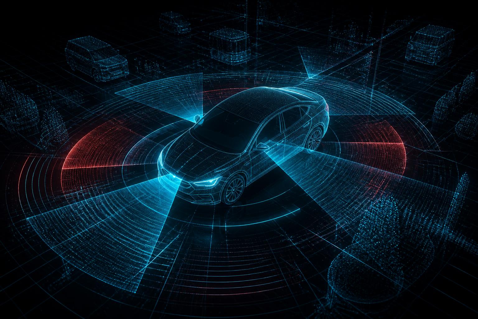 Digital visualization of a car surrounded by sensor scan arcs