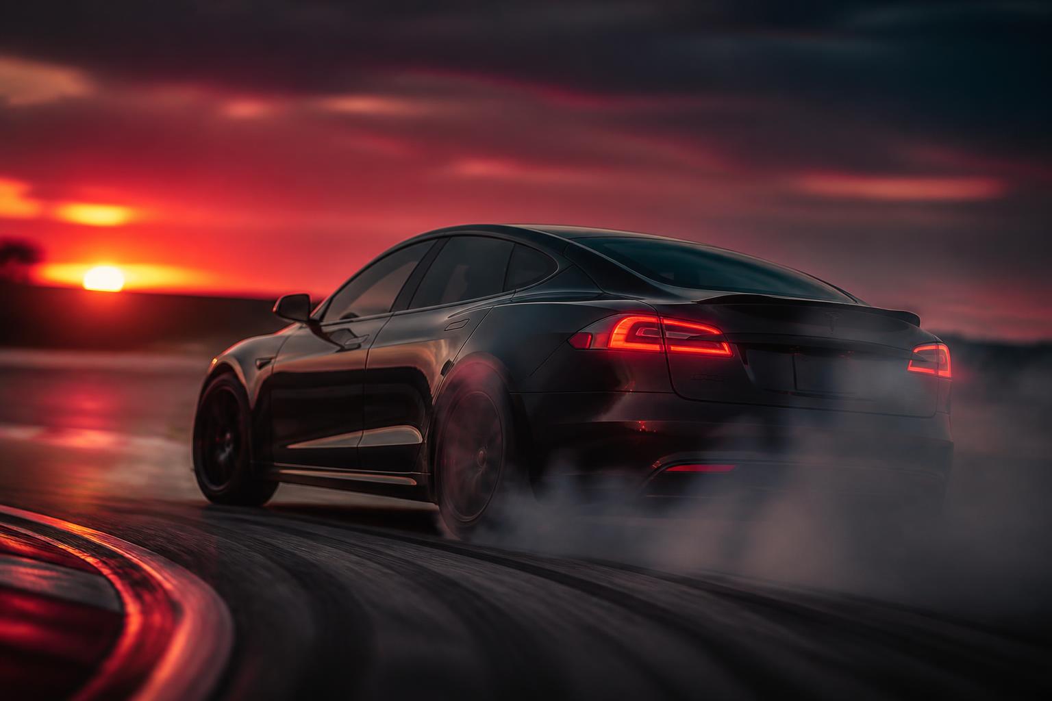 Dark performance electric car cornering on a track at dusk