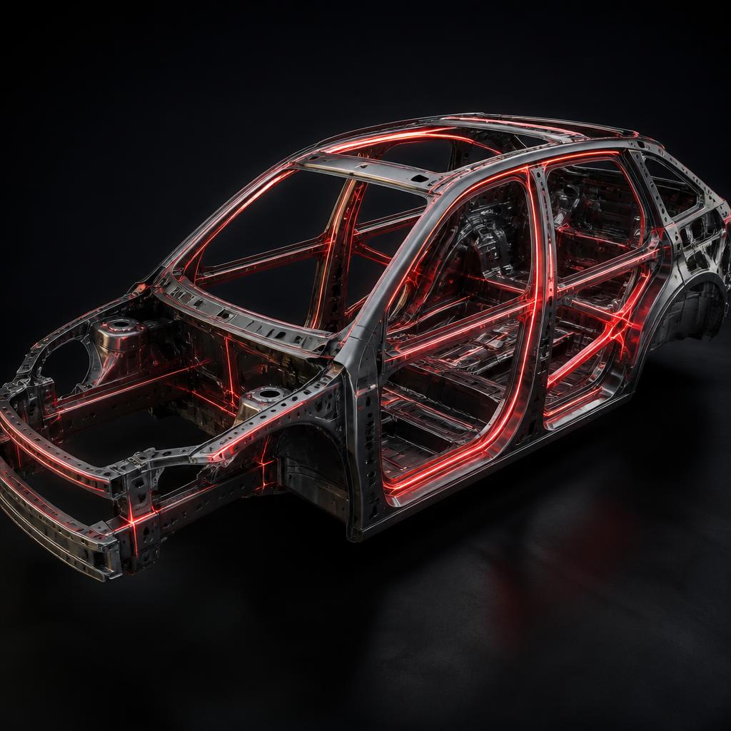 Glowing structural safety cage of a car body