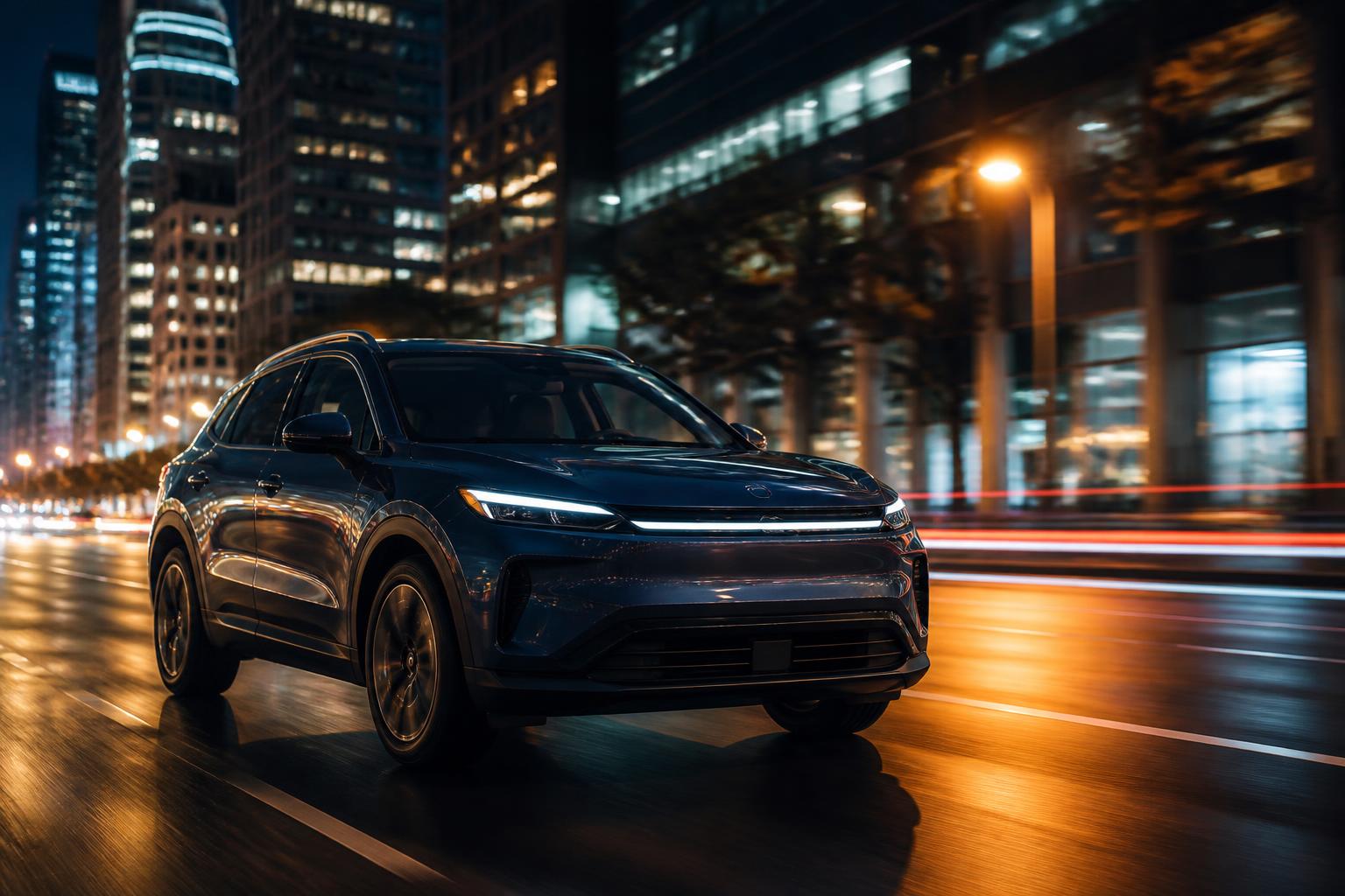 Electric SUV gliding through a lit city street at night